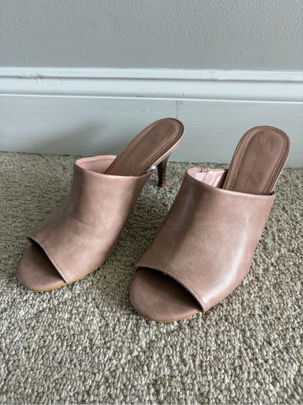 Seven7 Rose Gold Peep-Toe Mule Heels